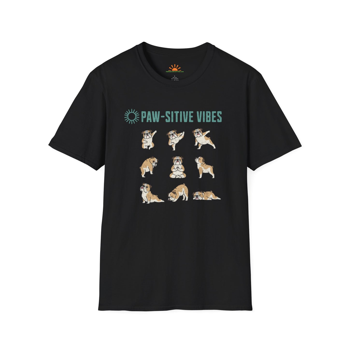Pawsitive Vibes Yoga Bulldog T-Shirt – Funny Cute Dog Mindfulness Tee - Grunge Texture - Hello Sunshine Tees