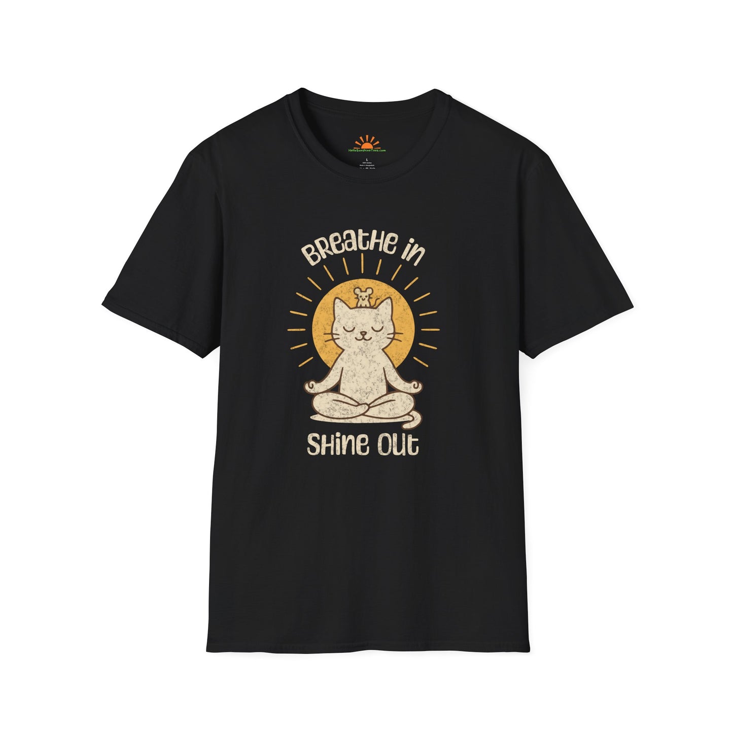 Breathe In Shine Out Shirt – Meditating Cat Tee – Grunge Texture - Hello Sunshine Tees