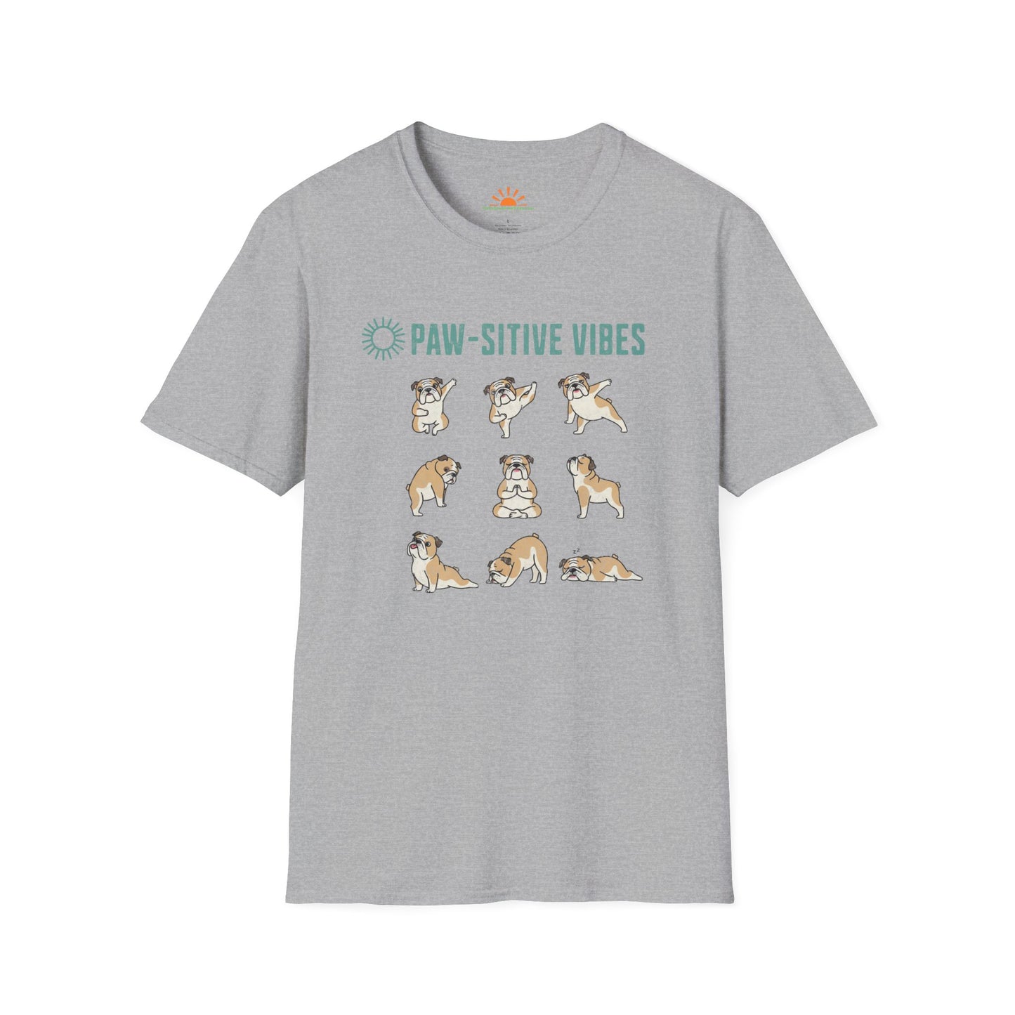 Pawsitive Vibes Yoga Bulldog T-Shirt – Funny Cute Dog Mindfulness Tee - Grunge Texture - Hello Sunshine Tees