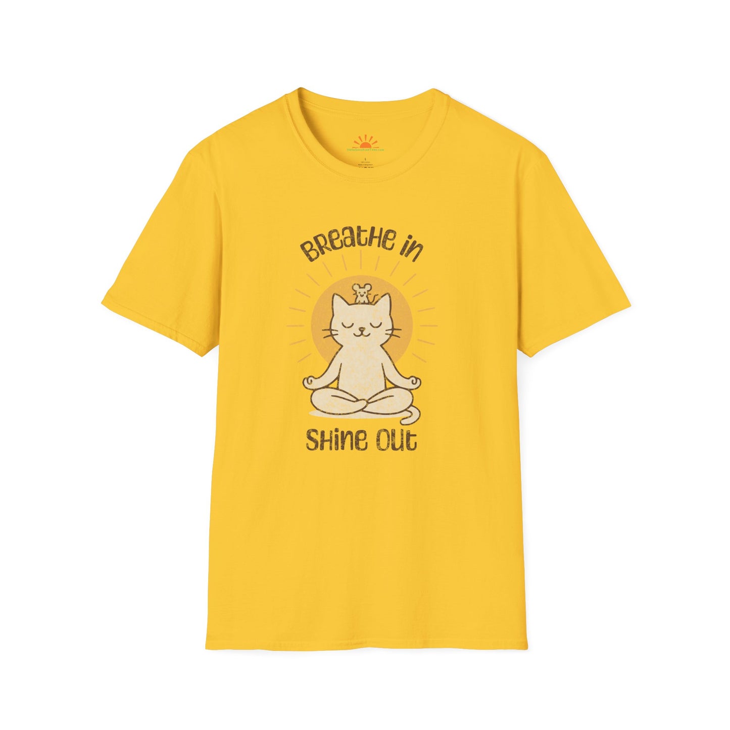 Breathe In Shine Out Shirt – Meditating Cat Tee – Grunge Texture - Hello Sunshine Tees