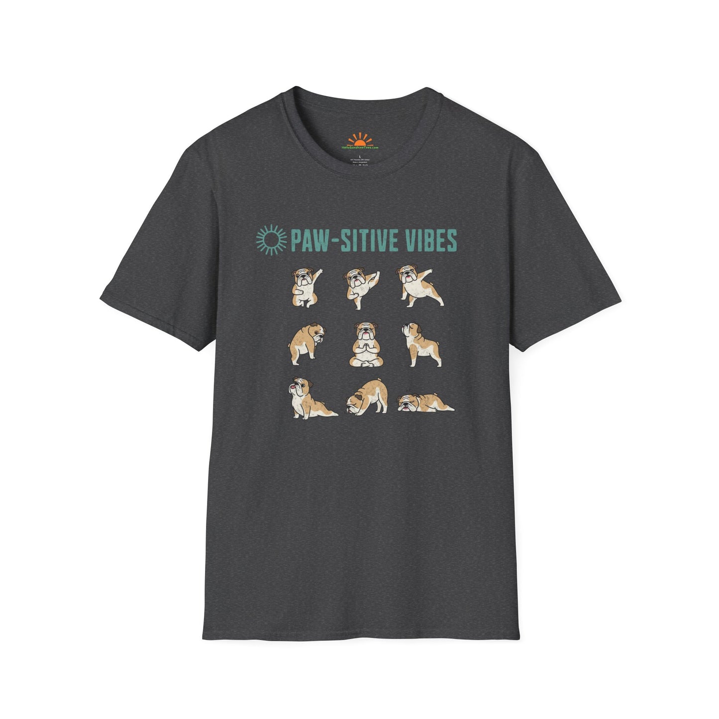 Pawsitive Vibes Yoga Bulldog T-Shirt – Funny Cute Dog Mindfulness Tee - Grunge Texture - Hello Sunshine Tees