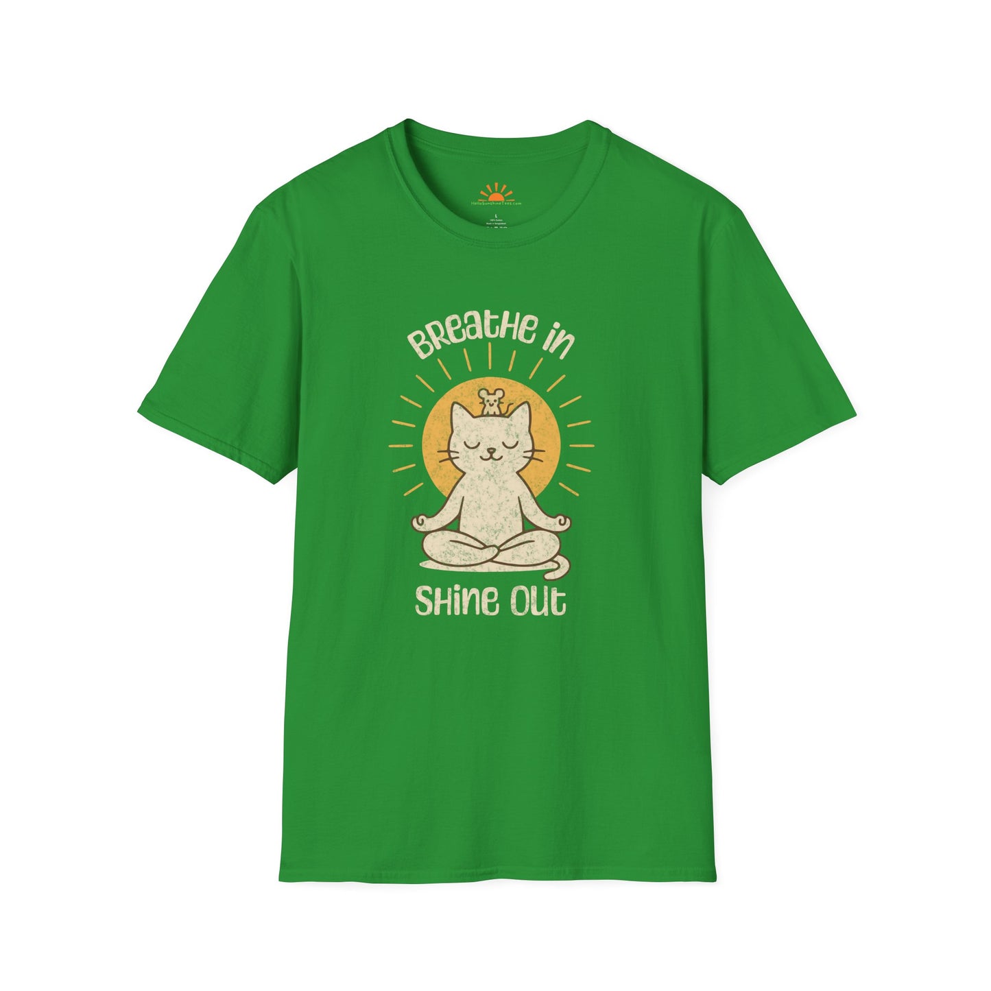 Breathe In Shine Out Shirt – Meditating Cat Tee – Grunge Texture - Hello Sunshine Tees