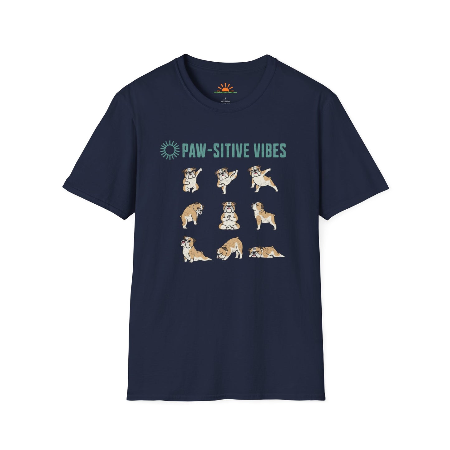 Pawsitive Vibes Yoga Bulldog T-Shirt – Funny Cute Dog Mindfulness Tee - Grunge Texture - Hello Sunshine Tees