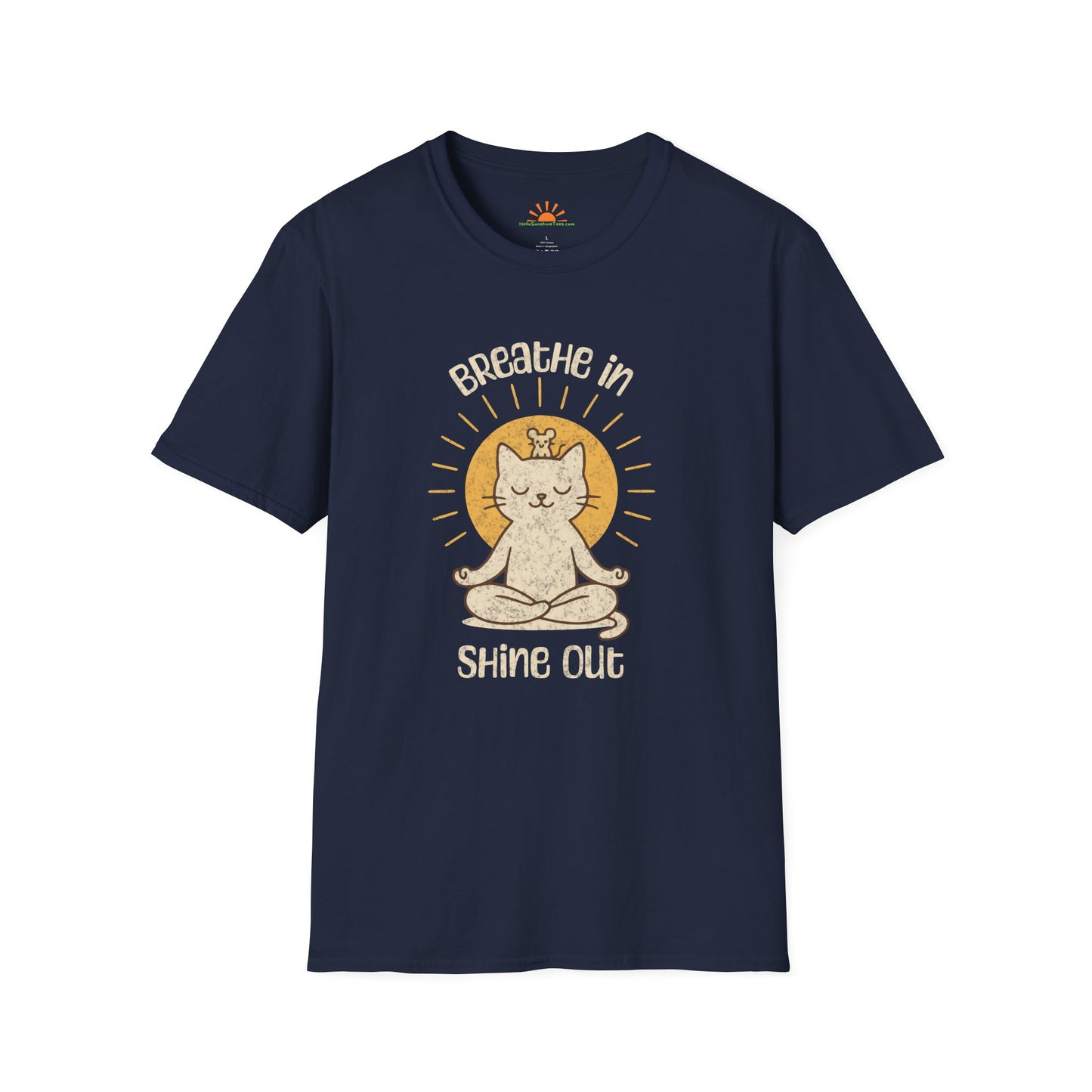 Breathe In Shine Out Shirt – Meditating Cat Tee – Grunge Texture - Hello Sunshine Tees