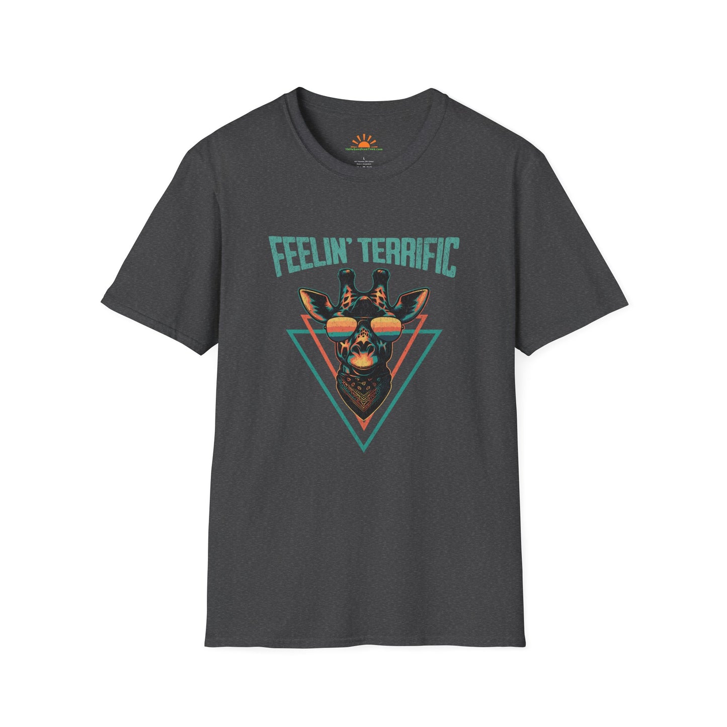 Funny Giraffe T-Shirt – Feelin’ Terrific Retro Positivity Tee – Grunge Texture - Hello Sunshine Tees