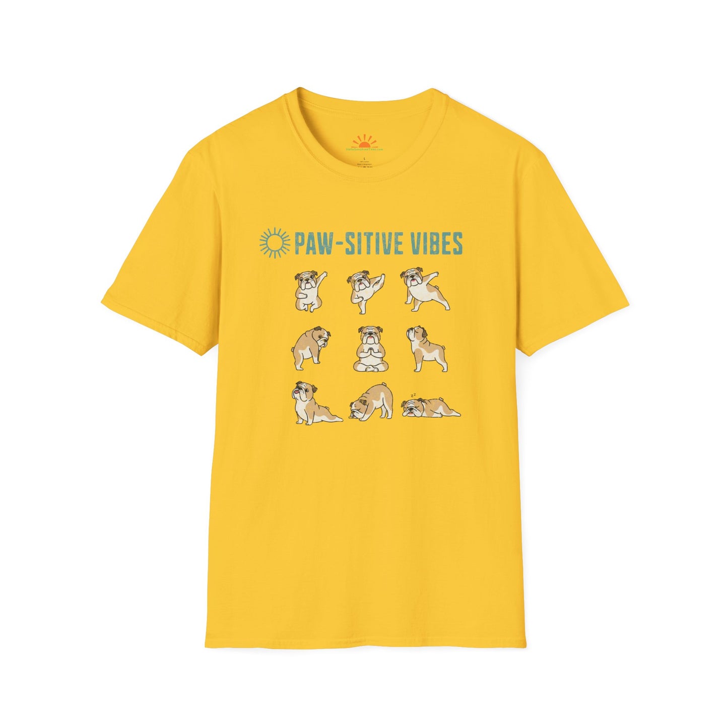 Pawsitive Vibes Yoga Bulldog T-Shirt – Funny Cute Dog Mindfulness Tee - Grunge Texture - Hello Sunshine Tees