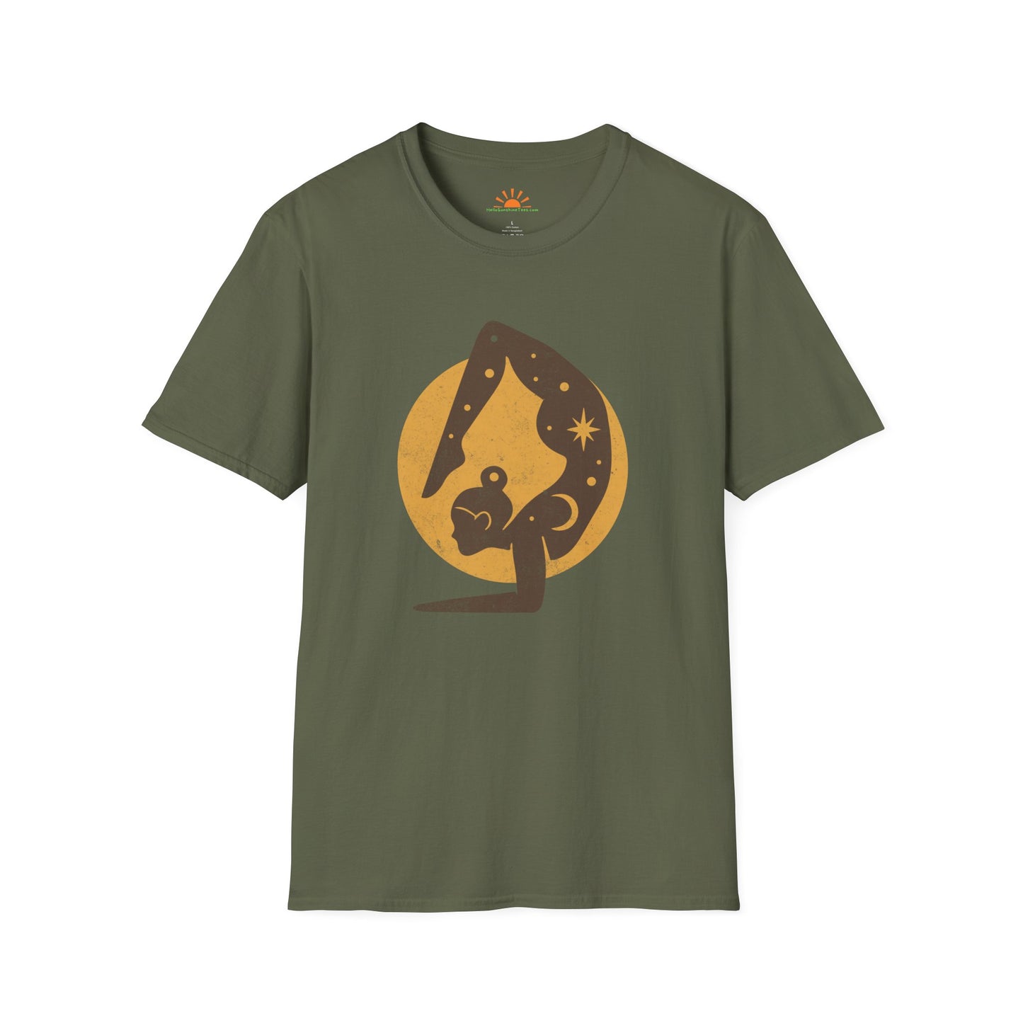 Cosmic Yoga T-Shirt – Celestial Moon Mindfulness & Positivity Graphic Tee – Grunge Texture - Hello Sunshine Tees