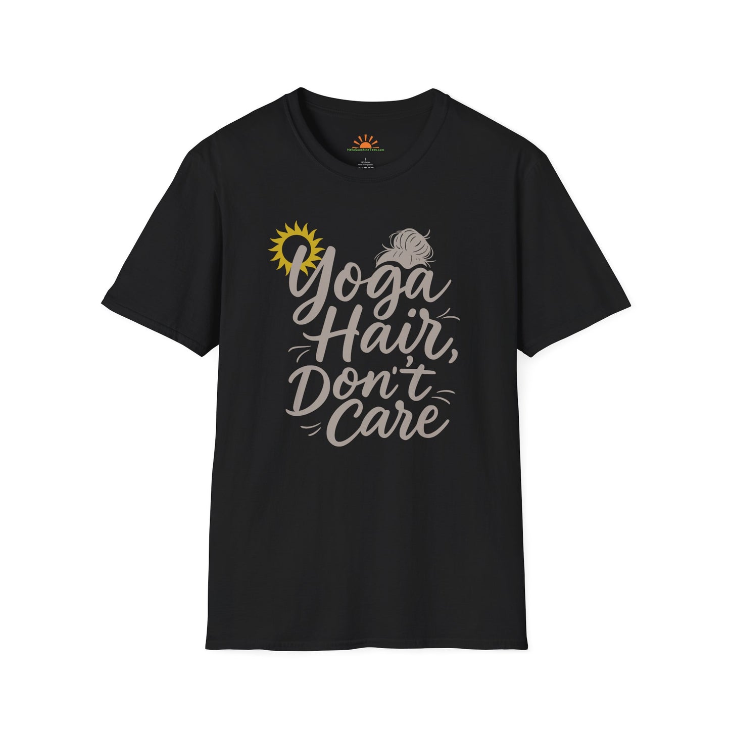 Yoga Hair Don't Care T-Shirt – Funny Messy Bun Yoga Tee for Women, Positive Vibes Workout Shirt