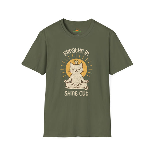 Breathe In Shine Out Shirt – Meditating Cat Tee – Grunge Texture - Hello Sunshine Tees