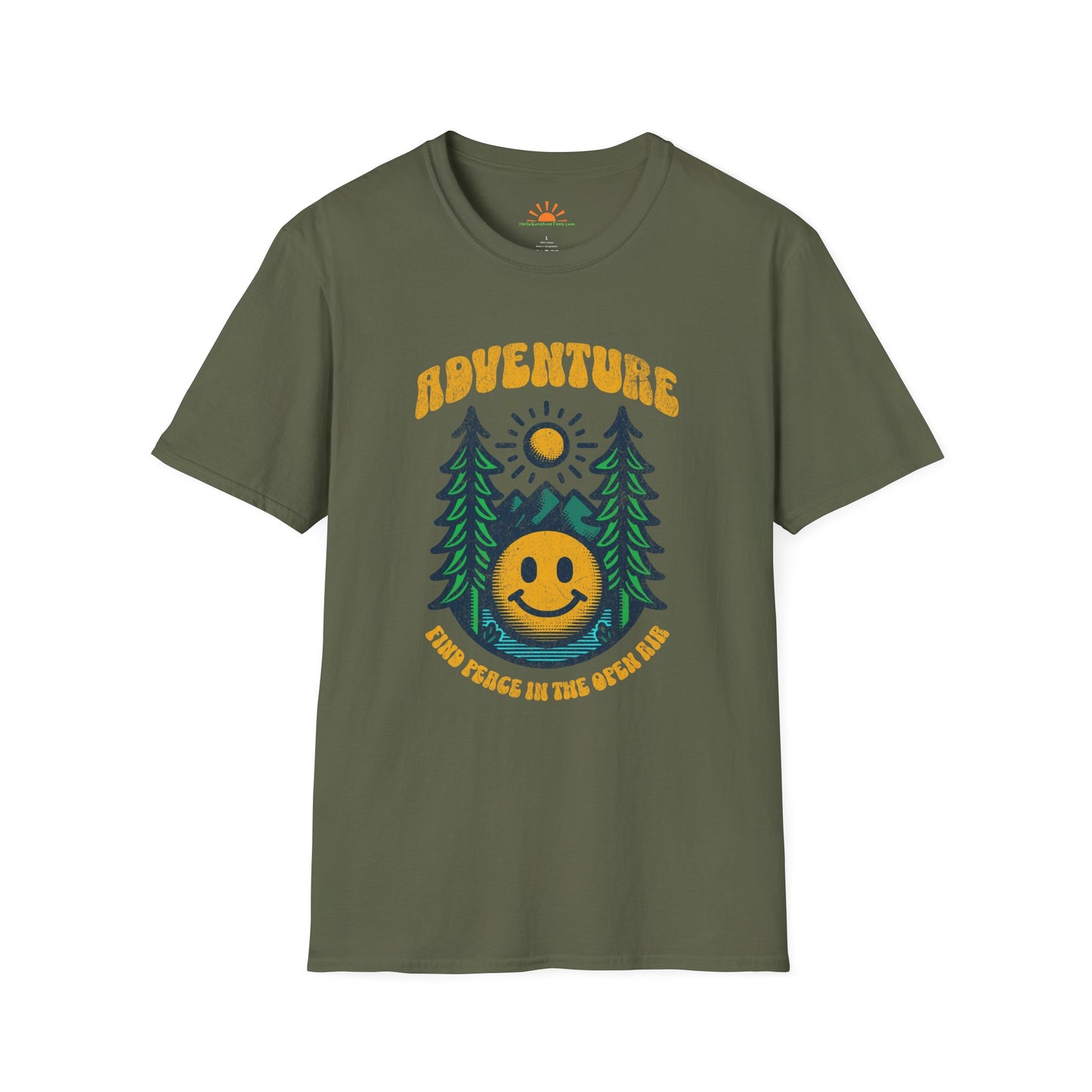 Adventure Smiley Face T-Shirt – Retro Nature Hiking Tee – Grunge Texture - Hello Sunshine Tees