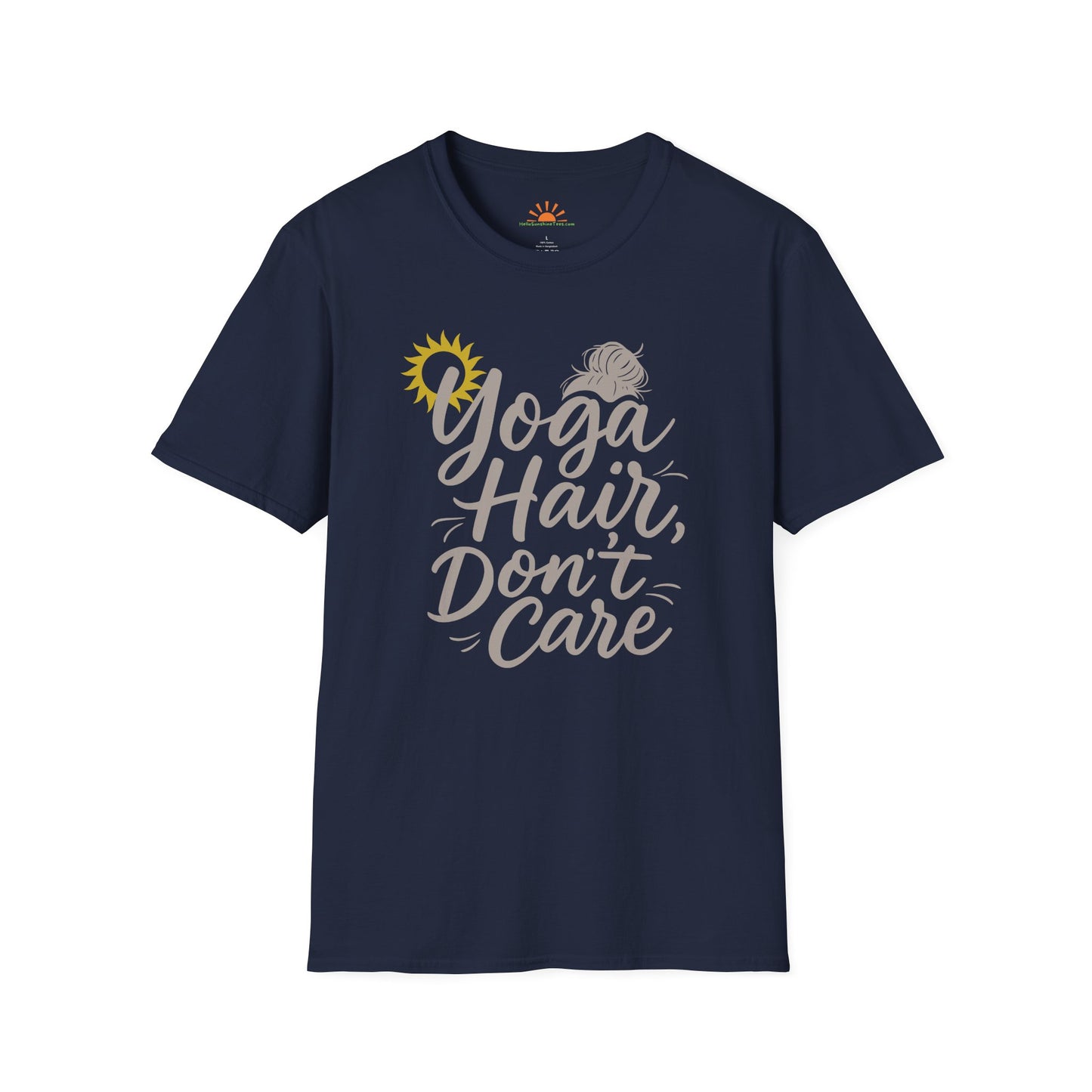 Yoga Hair Don't Care T-Shirt – Funny Messy Bun Yoga Tee for Women, Positive Vibes Workout Shirt