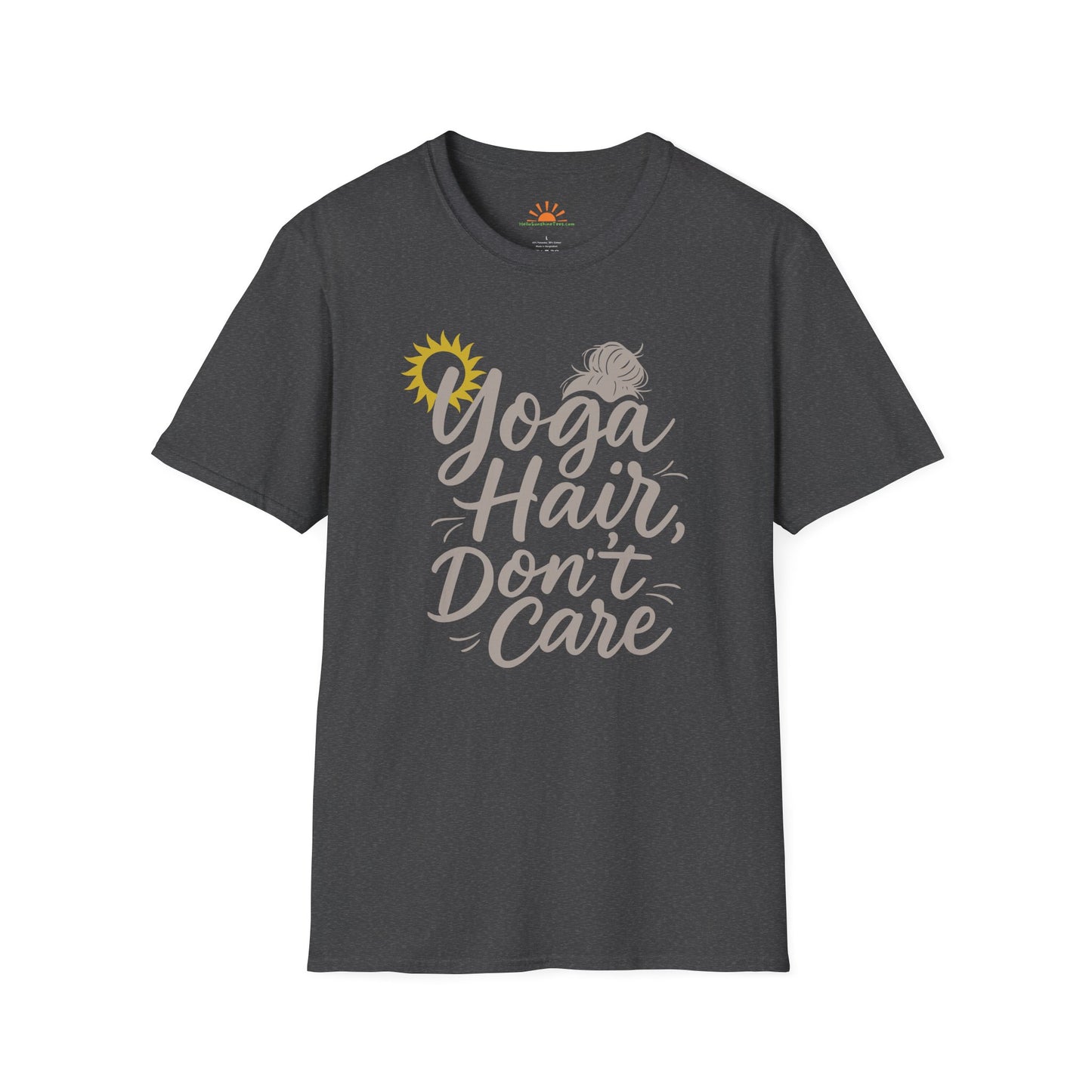 Yoga Hair Don't Care T-Shirt – Funny Messy Bun Yoga Tee for Women, Positive Vibes Workout Shirt