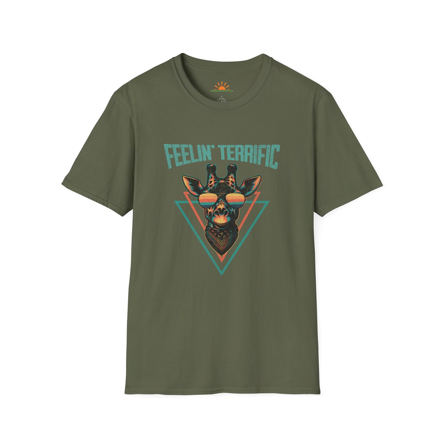 Funny Giraffe T-Shirt – Feelin’ Terrific Retro Positivity Tee – Grunge Texture - Hello Sunshine Tees