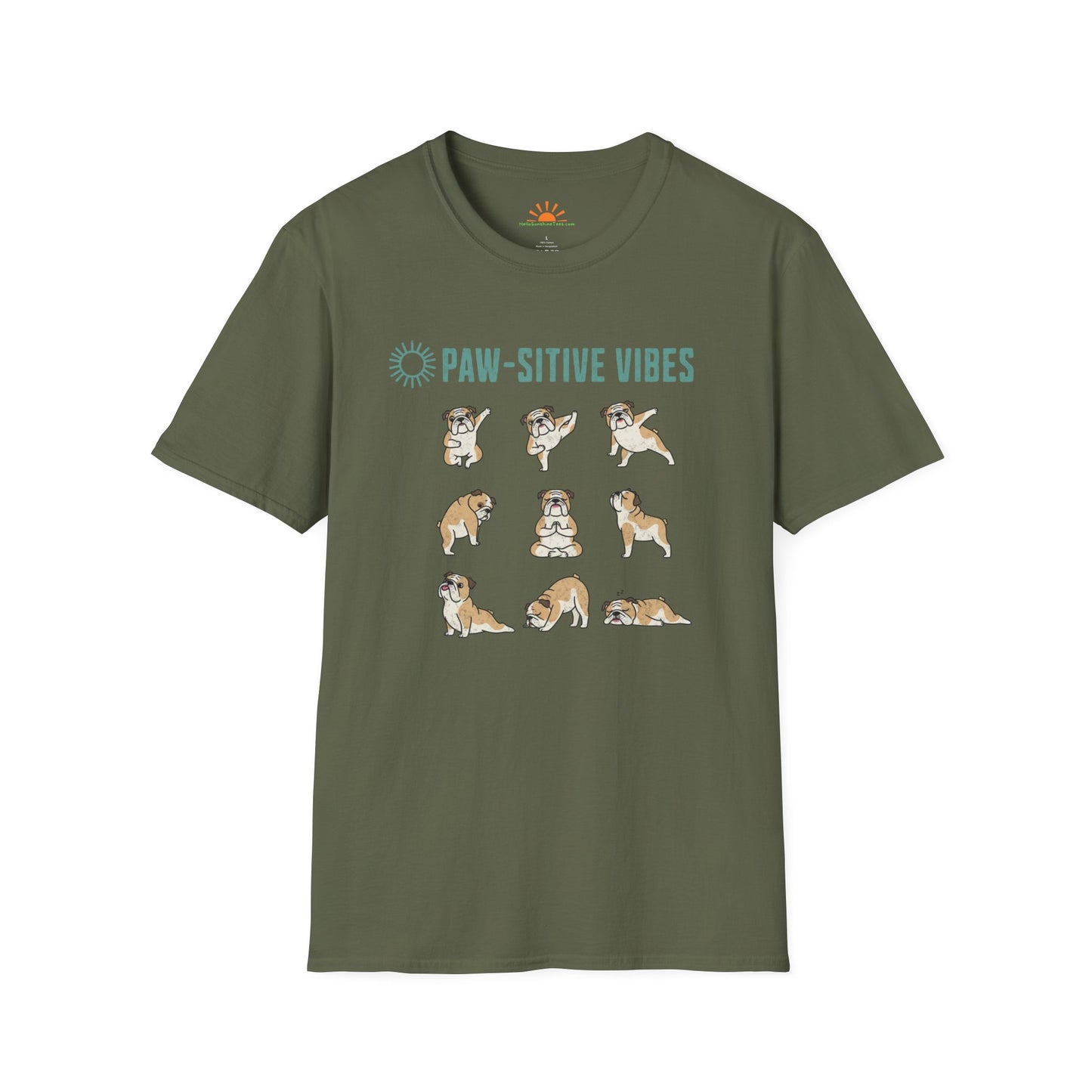 Pawsitive Vibes Yoga Bulldog T-Shirt – Funny Cute Dog Mindfulness Tee - Grunge Texture - Hello Sunshine Tees