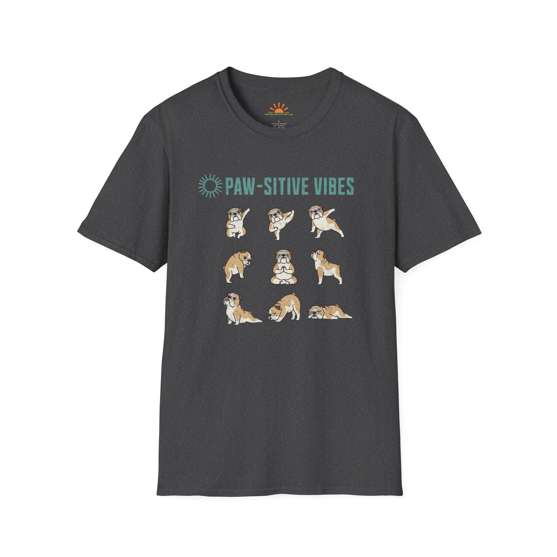 Pawsitive Vibes Yoga Bulldog T-Shirt – Funny Cute Dog Mindfulness Tee - Grunge Texture - Hello Sunshine Tees