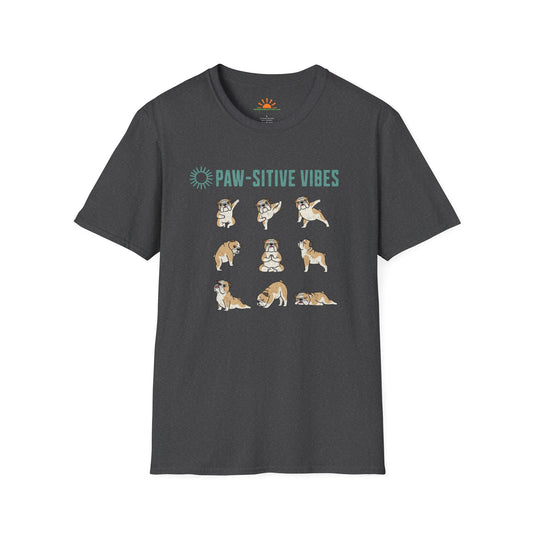 Pawsitive Vibes Yoga Bulldog T-Shirt – Funny Cute Dog Mindfulness Tee - Grunge Texture - Hello Sunshine Tees