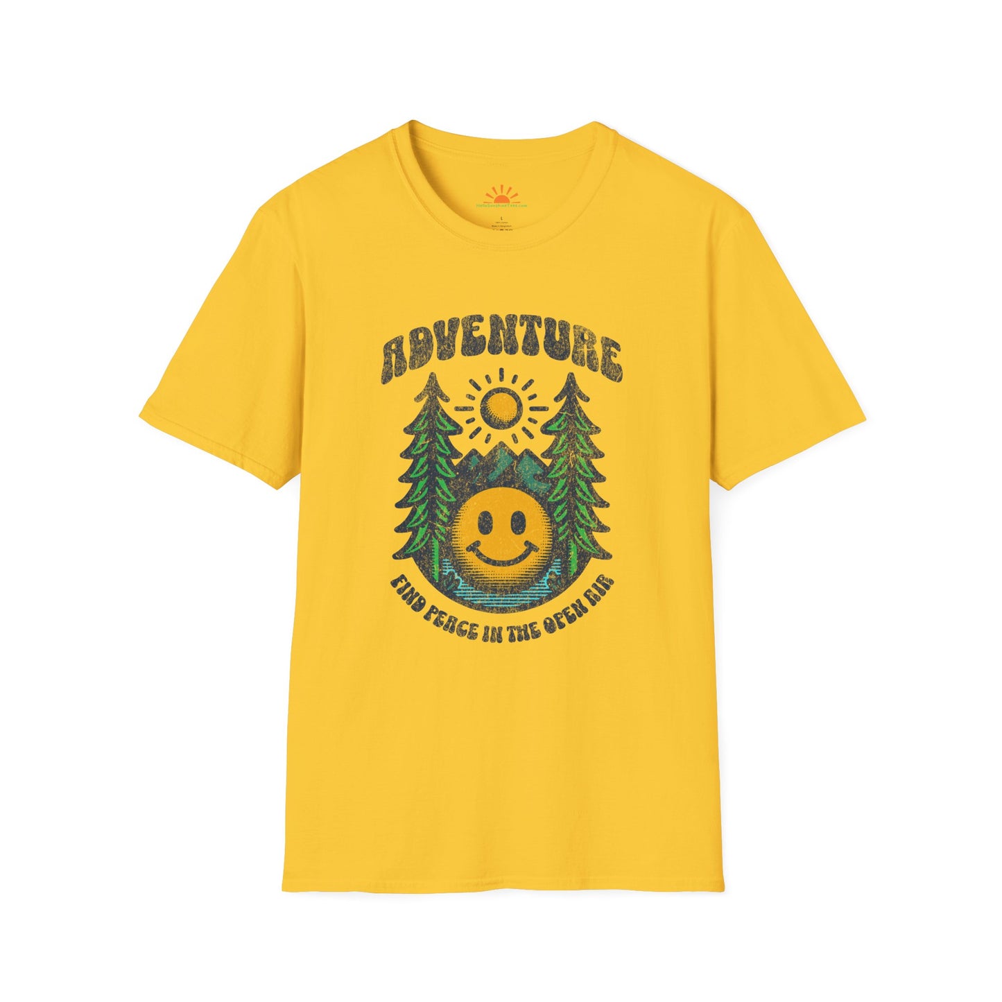 Adventure Smiley Face T-Shirt – Retro Nature Hiking Tee – Grunge Texture - Hello Sunshine Tees