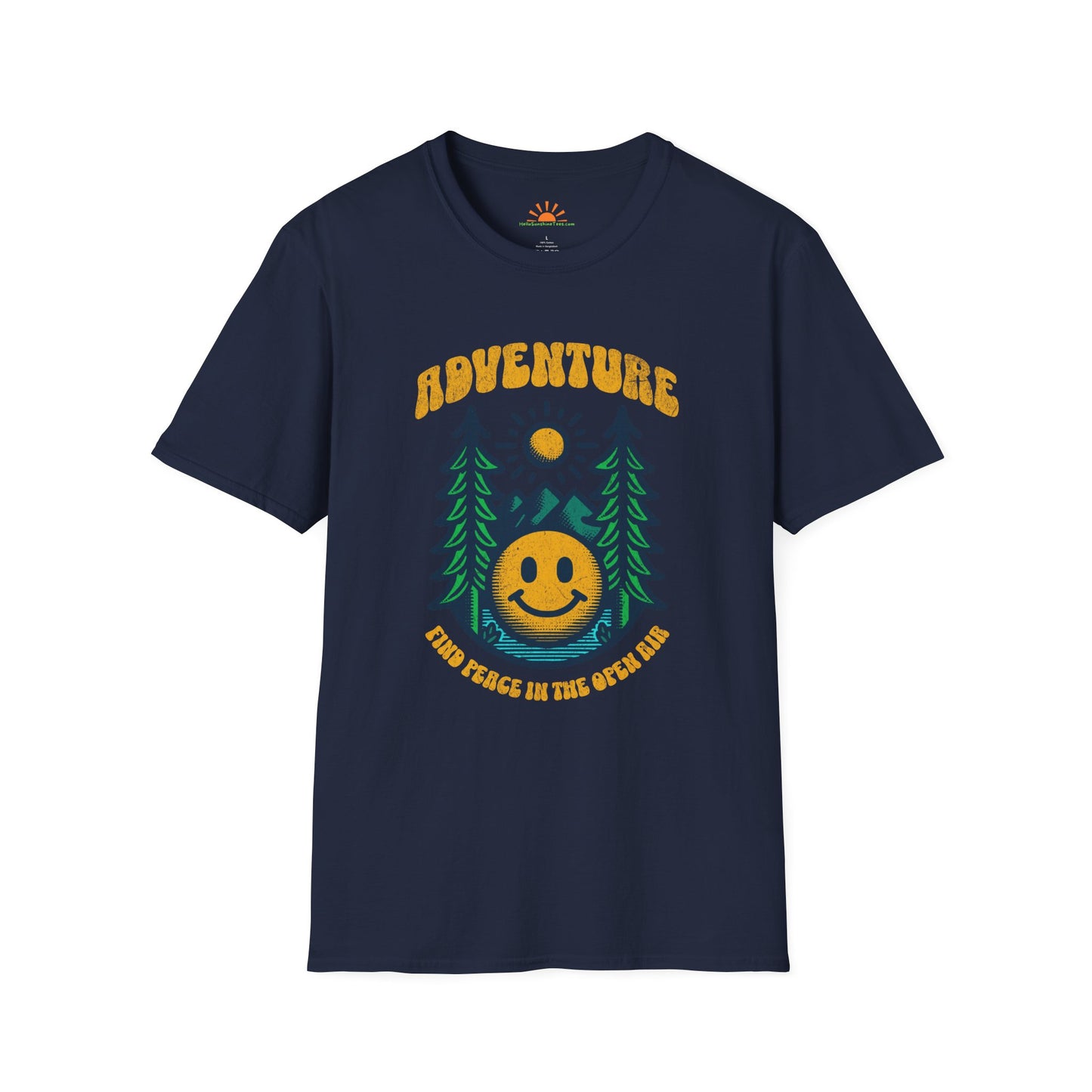 Adventure Smiley Face T-Shirt – Retro Nature Hiking Tee – Grunge Texture - Hello Sunshine Tees