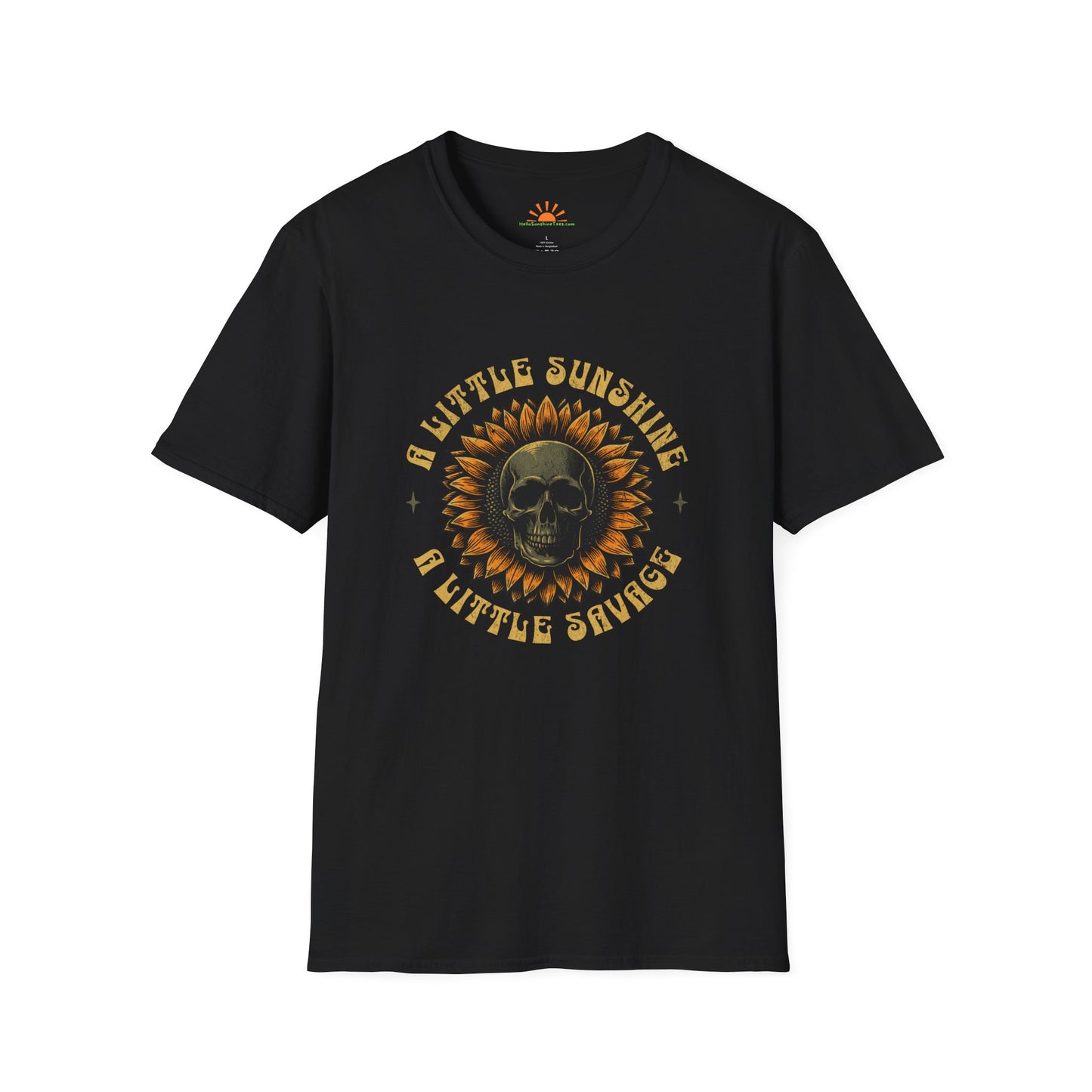 Sunflower and Skull T-Shirt – Funny Savage Positivity Graphic Tee – Grunge Texture - Hello Sunshine Tees