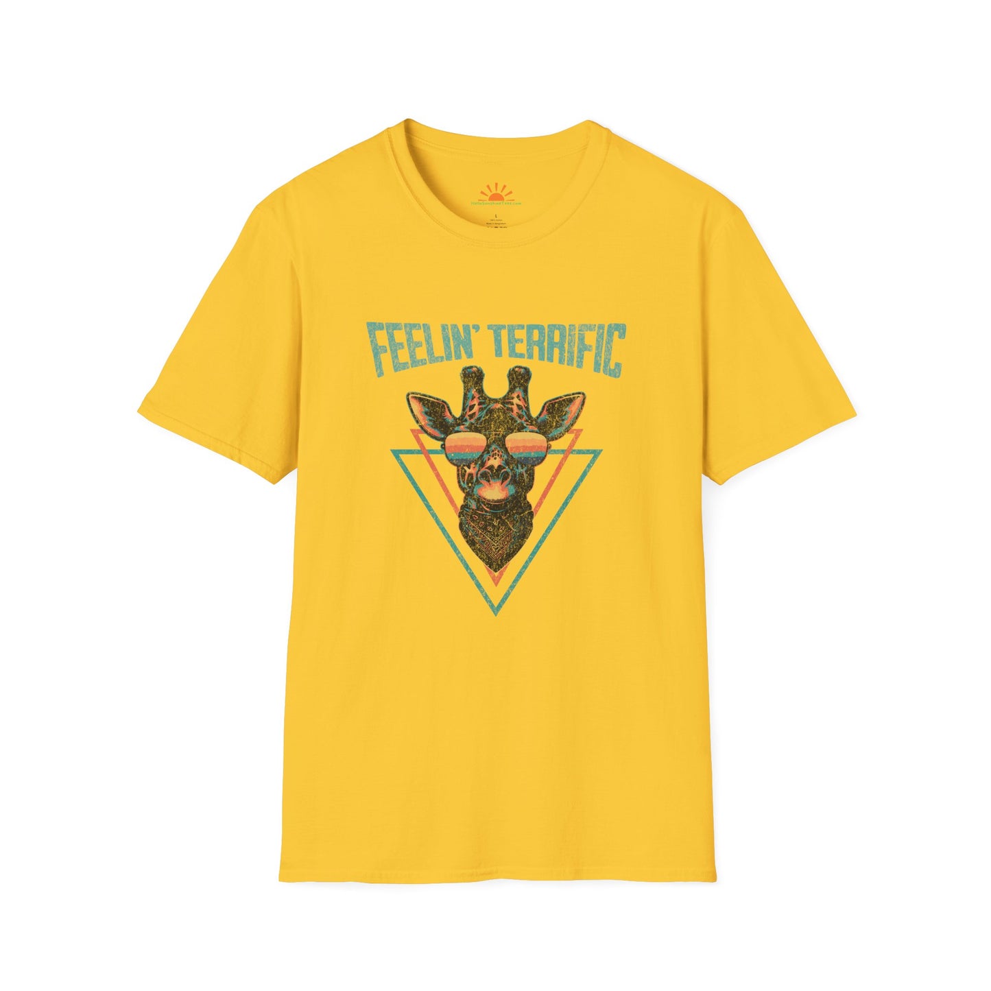 Funny Giraffe T-Shirt – Feelin’ Terrific Retro Positivity Tee – Grunge Texture - Hello Sunshine Tees