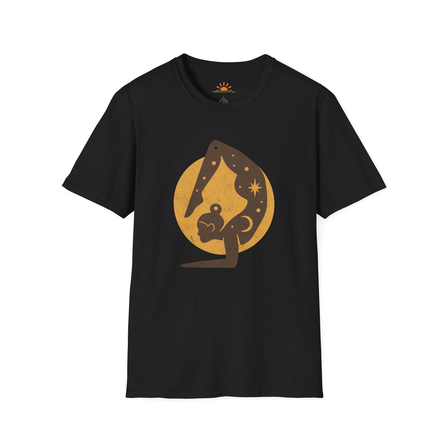 Cosmic Yoga T-Shirt – Celestial Moon Mindfulness & Positivity Graphic Tee – Grunge Texture - Hello Sunshine Tees