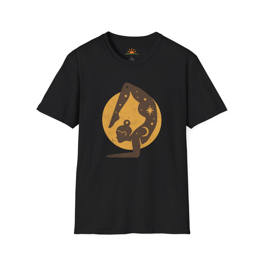 Cosmic Yoga T-Shirt – Celestial Moon Mindfulness & Positivity Graphic Tee – Grunge Texture - Hello Sunshine Tees