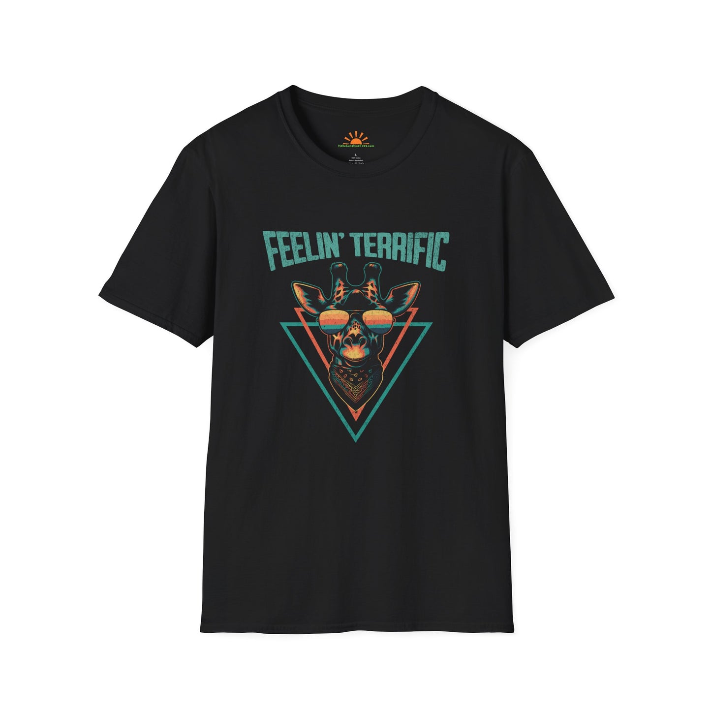 Funny Giraffe T-Shirt – Feelin’ Terrific Retro Positivity Tee – Grunge Texture - Hello Sunshine Tees