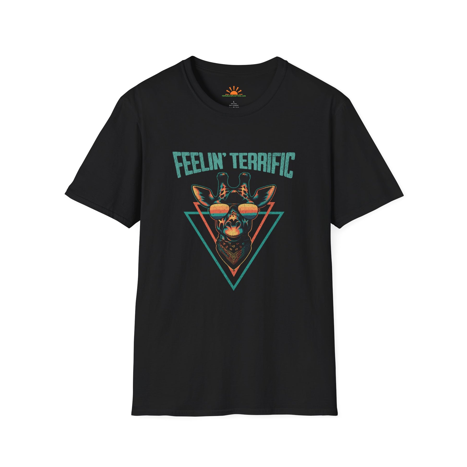 Funny Giraffe T-Shirt – Feelin’ Terrific Retro Positivity Tee – Grunge Texture - Hello Sunshine Tees