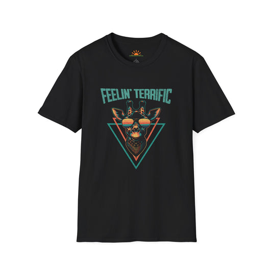 Funny Giraffe T-Shirt – Feelin’ Terrific Retro Positivity Tee – Grunge Texture - Hello Sunshine Tees