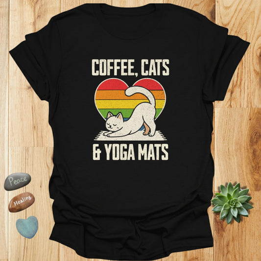 Coffee, Cats & Yoga Mats T-Shirt – Grunge Texture