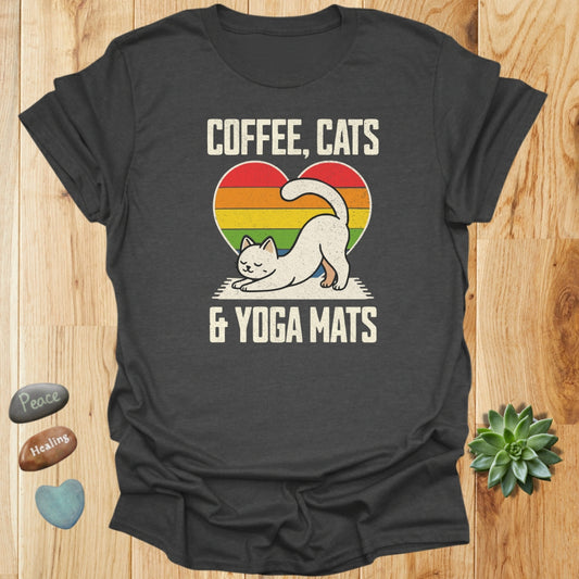 Coffee, Cats & Yoga Mats T-Shirt – Grunge Texture