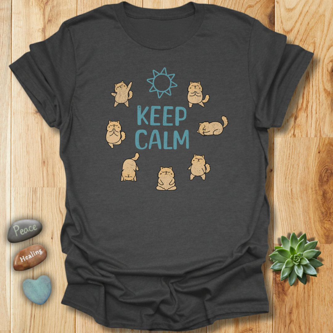 Keep Calm T-Shirt - Funny Cat Yoga Poses Tee – Grunge Texture
