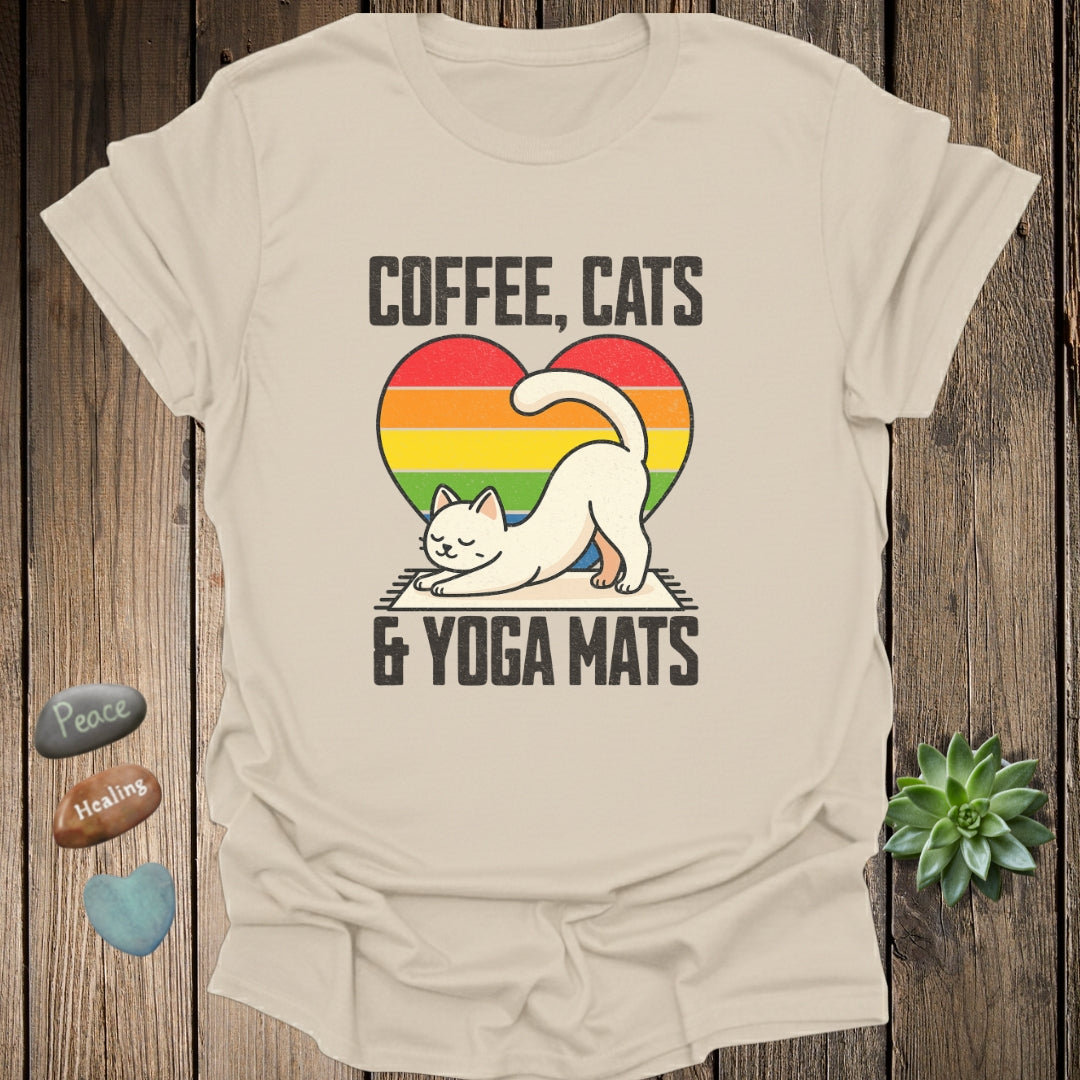 Coffee, Cats & Yoga Mats T-Shirt – Grunge Texture