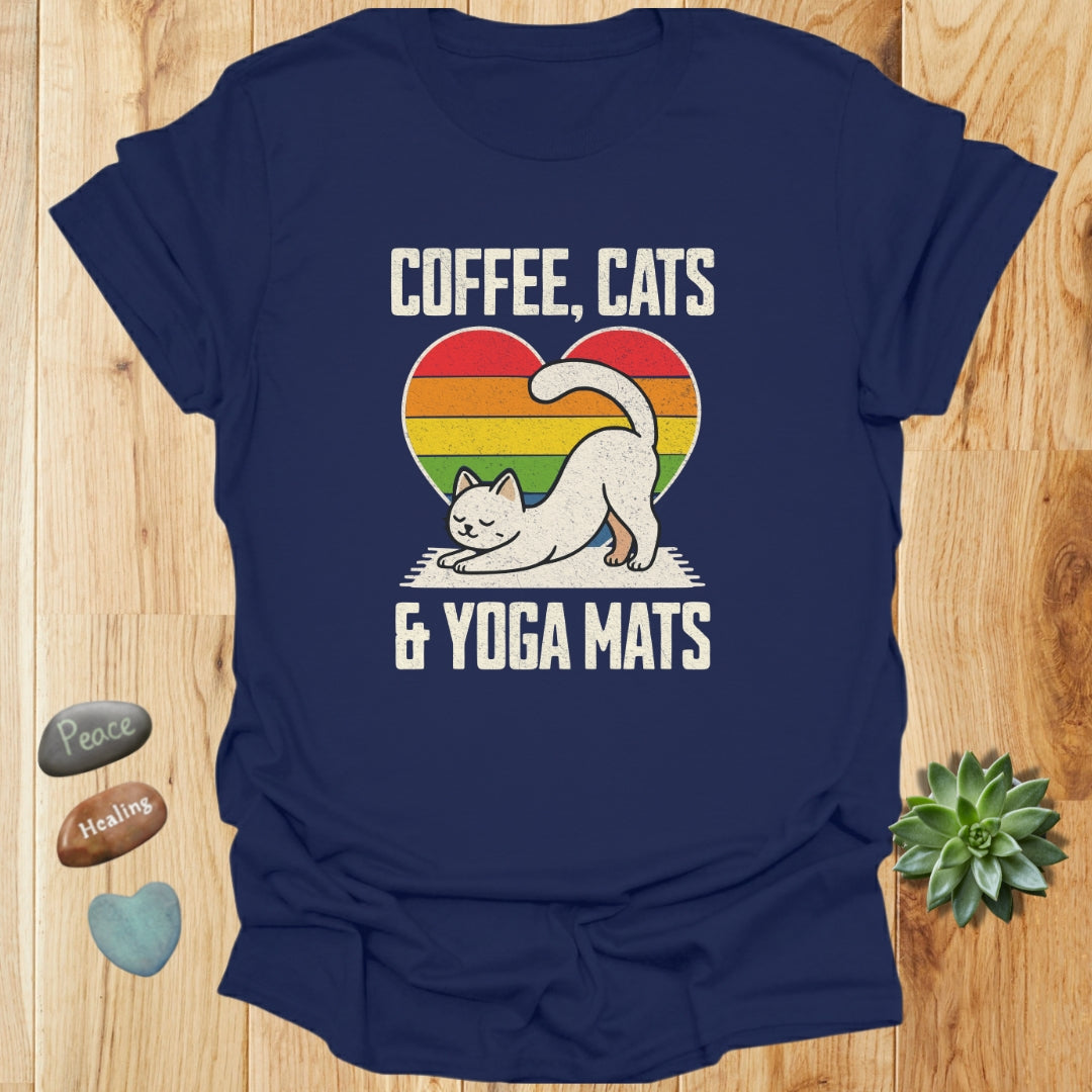 Coffee, Cats & Yoga Mats T-Shirt – Grunge Texture