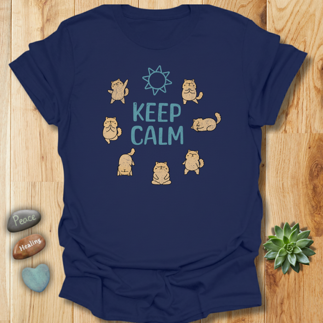 Keep Calm T-Shirt - Funny Cat Yoga Poses Tee – Grunge Texture