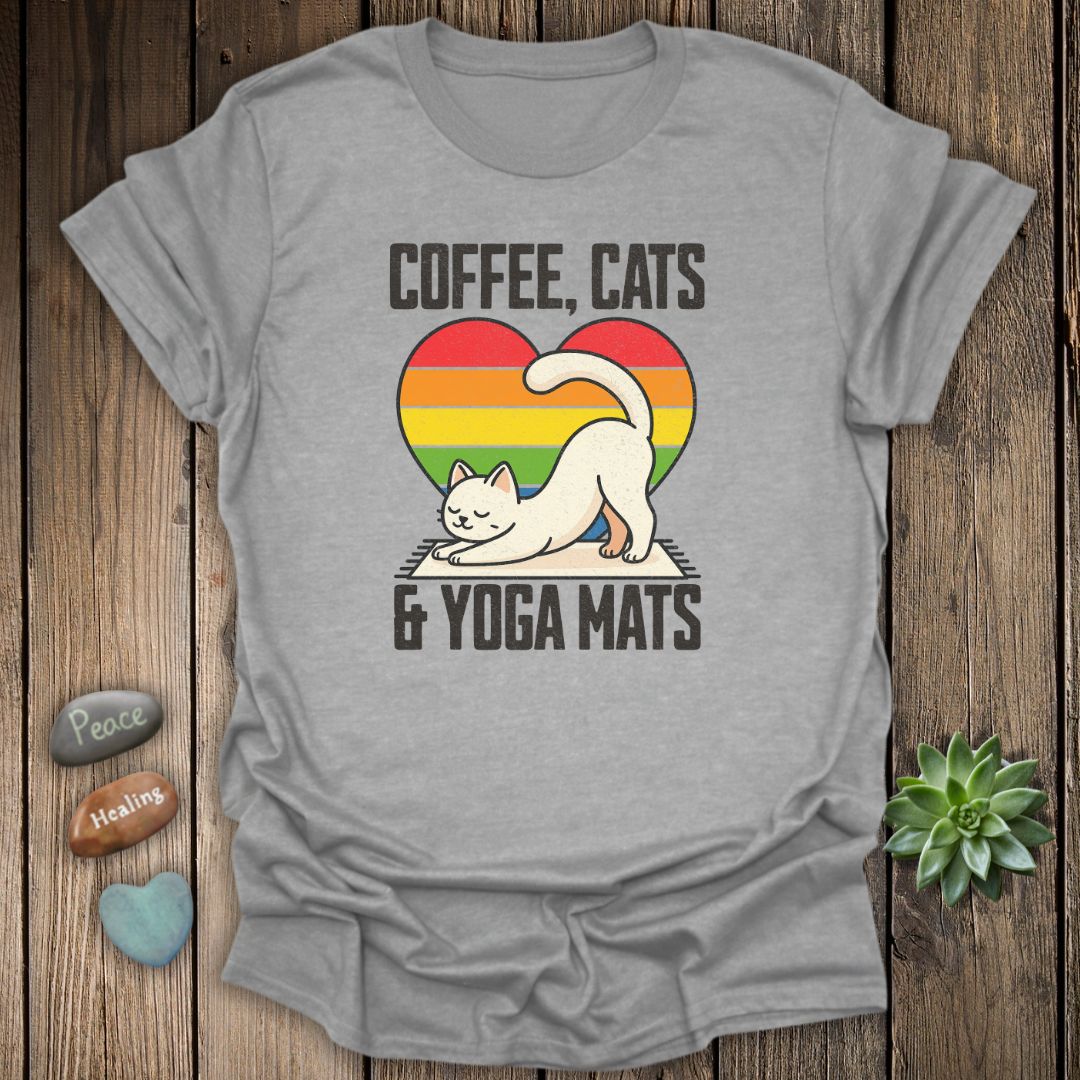 Coffee, Cats & Yoga Mats T-Shirt – Grunge Texture